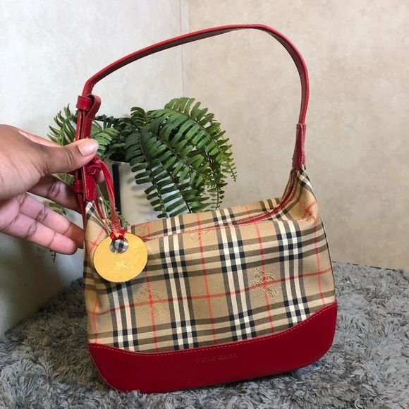 BURBERRY Vintage Red Leather Trim Haymarket Shoulder Bag Adjustable Strap - Picture 3 of 17